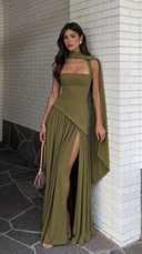 Delphine | Women's Scarf Neck Slit Solid Maxi Autumn Occasion Dress