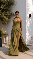 Delphine | Women's Scarf Neck Slit Solid Maxi Autumn Occasion Dress