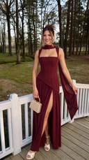 Delphine | Women's Scarf Neck Slit Solid Maxi Autumn Occasion Dress
