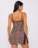Diana | Women's Leopard Print Deep V Neck Lace Trim Nightdress with Side Panels