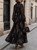 Dolores | Women's Floral Print High Neck Sheer Sleeve Pleated Maxi Dress