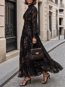 Dolores | Women's Floral Print High Neck Sheer Sleeve Pleated Maxi Dress