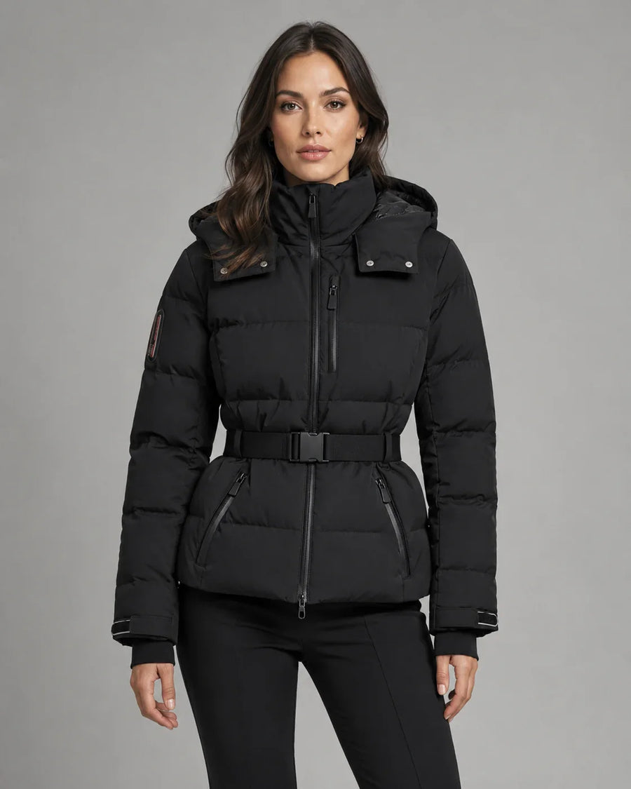 Eira | Women's Belted High Collar Zip Front Hooded Puffer Jacket
