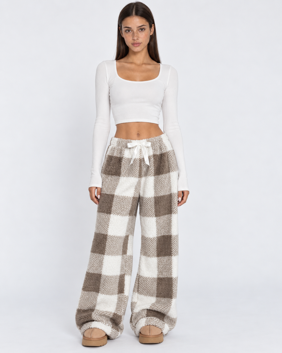 Elaine | Women's Plaid Plush Drawstring Wide Leg Lounge Pants