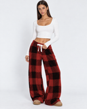 Elaine | Women's Plaid Plush Drawstring Wide Leg Lounge Pants