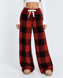 Elaine | Women's Plaid Plush Drawstring Wide Leg Lounge Pants