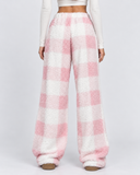 Elaine | Women's Plaid Plush Drawstring Wide Leg Lounge Pants