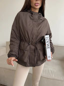 Eleni | Women's Hooded Drawstring Waist Long Sleeve Pocket Utility Jacket
