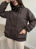 Eleni | Women's Hooded Drawstring Waist Long Sleeve Pocket Utility Jacket