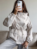 Eleni | Women's Hooded Drawstring Waist Long Sleeve Pocket Utility Jacket