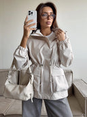 Eleni | Women's Hooded Drawstring Waist Long Sleeve Pocket Utility Jacket