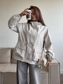 Eleni | Women's Hooded Drawstring Waist Long Sleeve Pocket Utility Jacket