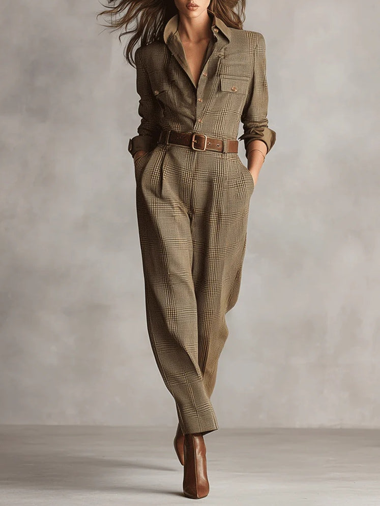 Eliana | Women's Collared Button Front Belted Long Sleeve Plaid Jumpsuit