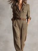 Eliana | Women's Collared Button Front Belted Long Sleeve Plaid Jumpsuit