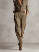 Eliana | Women's Collared Button Front Belted Long Sleeve Plaid Jumpsuit