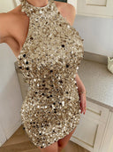 Emelia | Women's Halter Neck Sleeveless Open Back Sequin Mini Dress