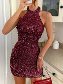 Emelia | Women's Halter Neck Sleeveless Open Back Sequin Mini Dress