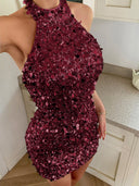 Emelia | Women's Halter Neck Sleeveless Open Back Sequin Mini Dress