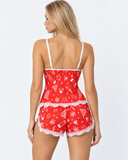 Emilly | Women's Christmas Print V Neck Lace Trim Cami Pajama Set with Shorts