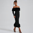 Emory | Women's Off Shoulder Long Sleeve Banded Hem Plush Trim Midi Dress