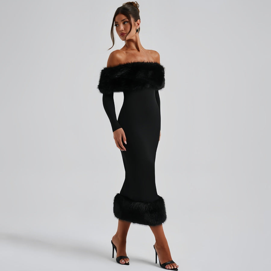 Emory | Women's Off Shoulder Long Sleeve Banded Hem Plush Trim Midi Dress