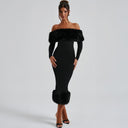Emory | Women's Off Shoulder Long Sleeve Banded Hem Plush Trim Midi Dress