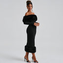 Emory | Women's Off Shoulder Long Sleeve Banded Hem Plush Trim Midi Dress