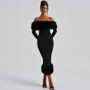 Emory | Women's Off Shoulder Long Sleeve Banded Hem Plush Trim Midi Dress