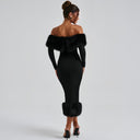 Emory | Women's Off Shoulder Long Sleeve Banded Hem Plush Trim Midi Dress
