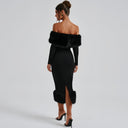Emory | Women's Off Shoulder Long Sleeve Banded Hem Plush Trim Midi Dress