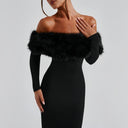 Emory | Women's Off Shoulder Long Sleeve Banded Hem Plush Trim Midi Dress