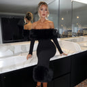 Emory | Women's Off Shoulder Long Sleeve Banded Hem Plush Trim Midi Dress