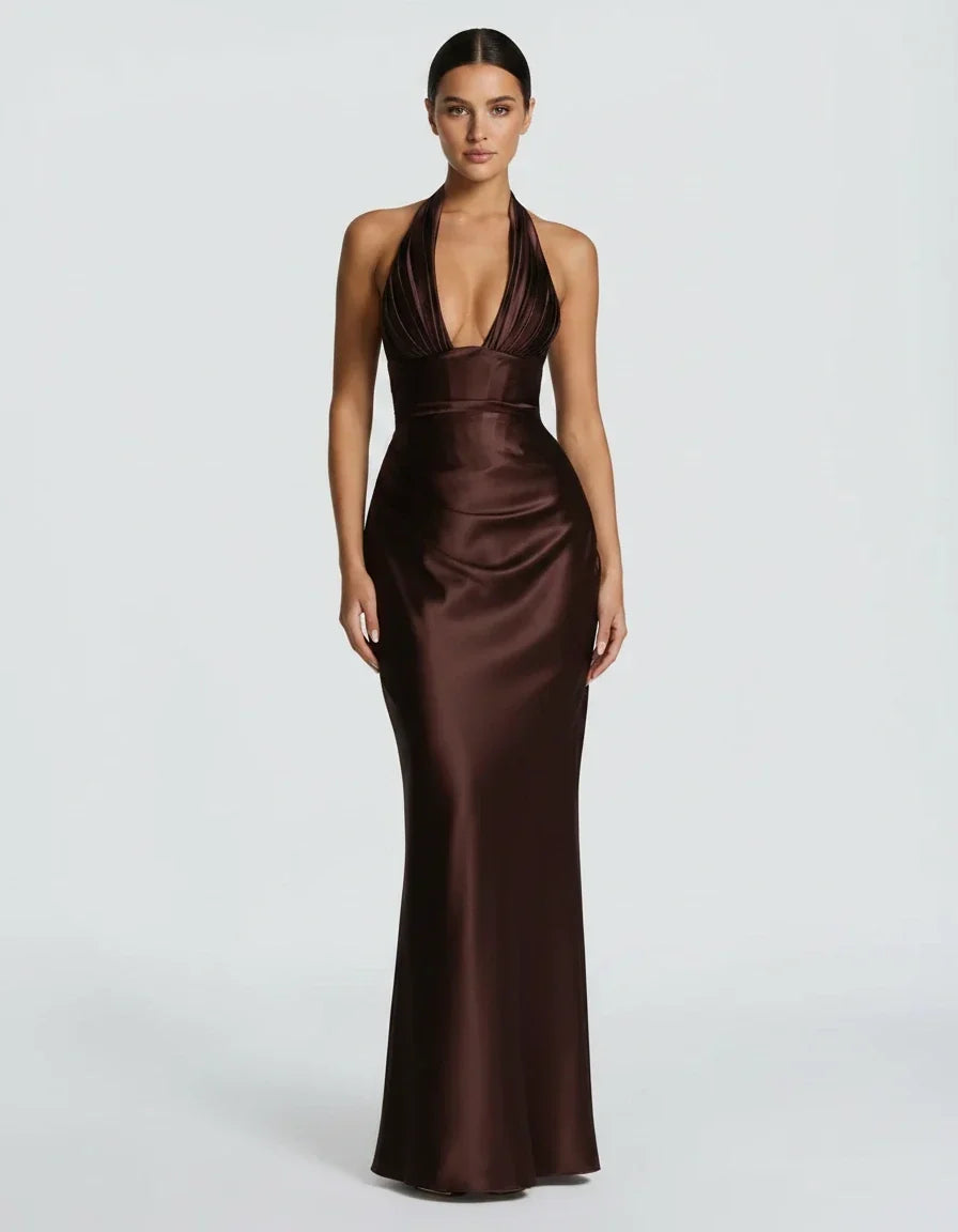 Endellion | Women's Halter Plunge Neck Draped Bust Satin Maxi Dress