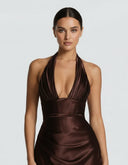 Endellion | Women's Halter Plunge Neck Draped Bust Satin Maxi Dress