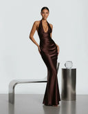 Endellion | Women's Halter Plunge Neck Draped Bust Satin Maxi Dress