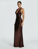 Endellion | Women's Halter Plunge Neck Draped Bust Satin Maxi Dress