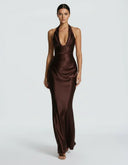 Endellion | Women's Halter Plunge Neck Draped Bust Satin Maxi Dress