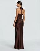 Endellion | Women's Halter Plunge Neck Draped Bust Satin Maxi Dress