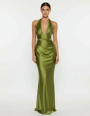 Endellion | Women's Halter Plunge Neck Draped Bust Satin Maxi Dress