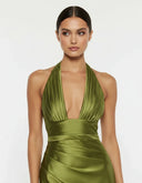 Endellion | Women's Halter Plunge Neck Draped Bust Satin Maxi Dress
