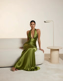 Endellion | Women's Halter Plunge Neck Draped Bust Satin Maxi Dress