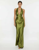 Endellion | Women's Halter Plunge Neck Draped Bust Satin Maxi Dress