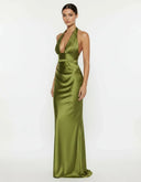 Endellion | Women's Halter Plunge Neck Draped Bust Satin Maxi Dress