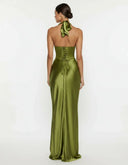 Endellion | Women's Halter Plunge Neck Draped Bust Satin Maxi Dress