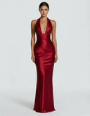 Endellion | Women's Halter Plunge Neck Draped Bust Satin Maxi Dress