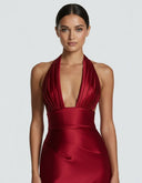 Endellion | Women's Halter Plunge Neck Draped Bust Satin Maxi Dress