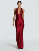 Endellion | Women's Halter Plunge Neck Draped Bust Satin Maxi Dress