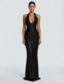 Endellion | Women's Halter Plunge Neck Draped Bust Satin Maxi Dress