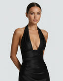 Endellion | Women's Halter Plunge Neck Draped Bust Satin Maxi Dress