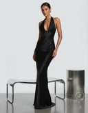 Endellion | Women's Halter Plunge Neck Draped Bust Satin Maxi Dress